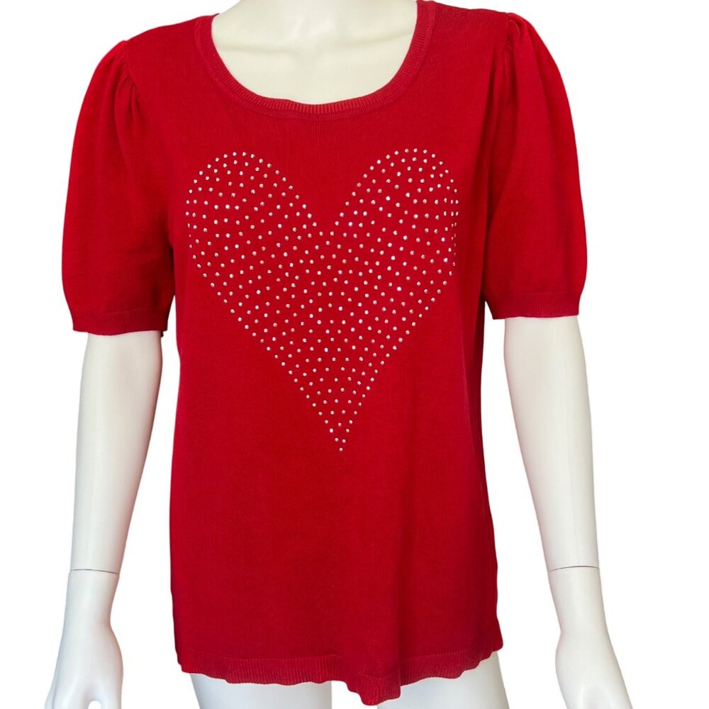 80 Park Red Puff Sleeve Knit Top w/ Rhinestone Heart Design Womens Size L
